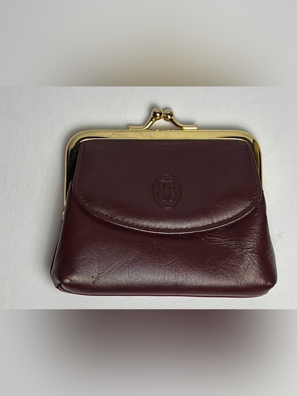 VTG Buxton Genuine Leather Kiss Lock Coin Purse Oxblood Burgundy Gold Tone Metal